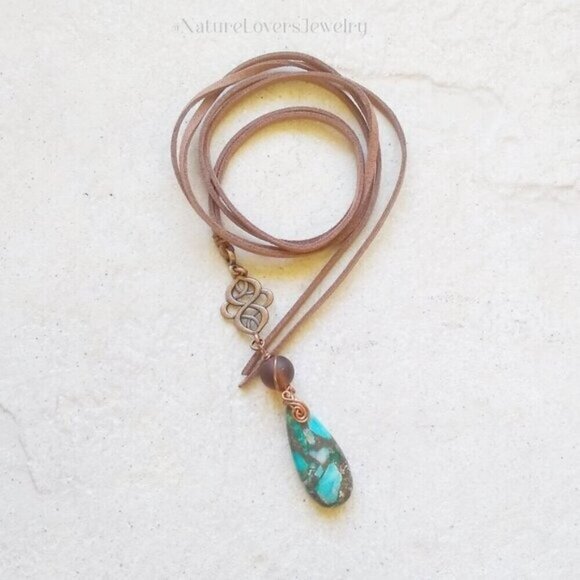 One-of-a-kind Celtic Knot & Sea Sediment Jasper Necklace w. 45" Faux Suede Cord - Picture 2 of 7